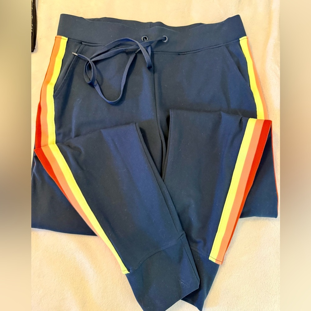 Athletic Works women's joggers w/retro rainbow stripe. Navy blue stretch fabric